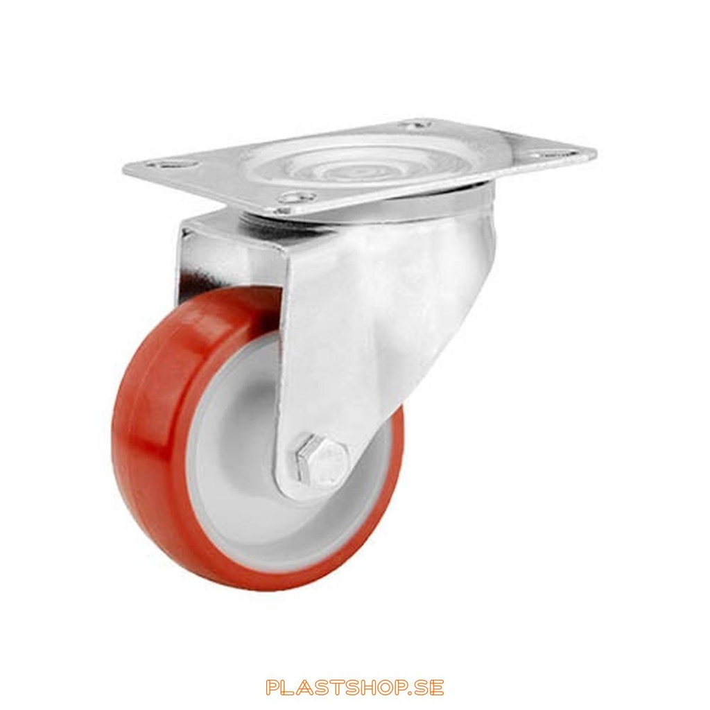 Link wheel, without brake, plate, wheel diameter 80 mm, building height 108 mm, hub in Nylon PA6 with soft track in Polyuretan, röd. 120 kg load capacity, roller bearings