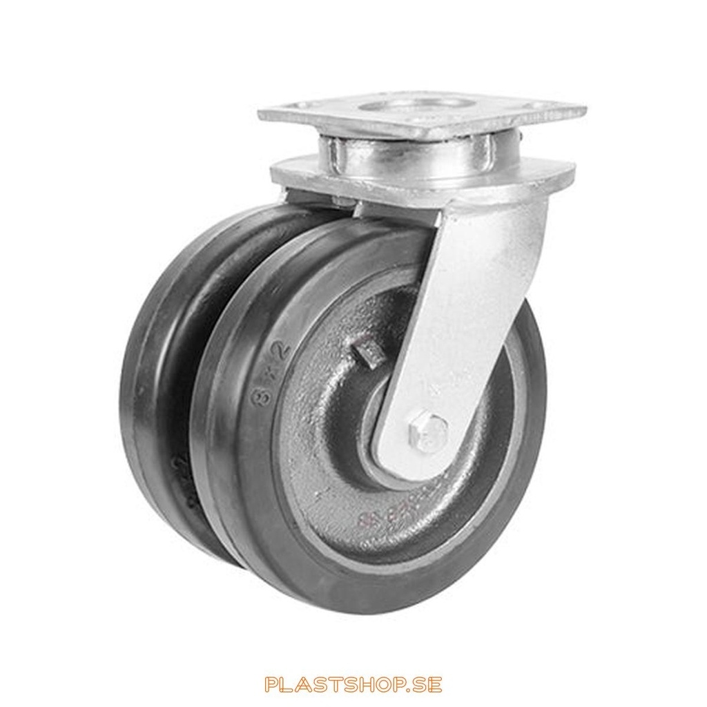 Link wheel, without brake, plate, wheel diameter 150 mm, building height 200 mm, hub in Gjutjärn with soft track in Elastiskt Gummi, svart. 700 kg load capacity, dubbla ball bearings