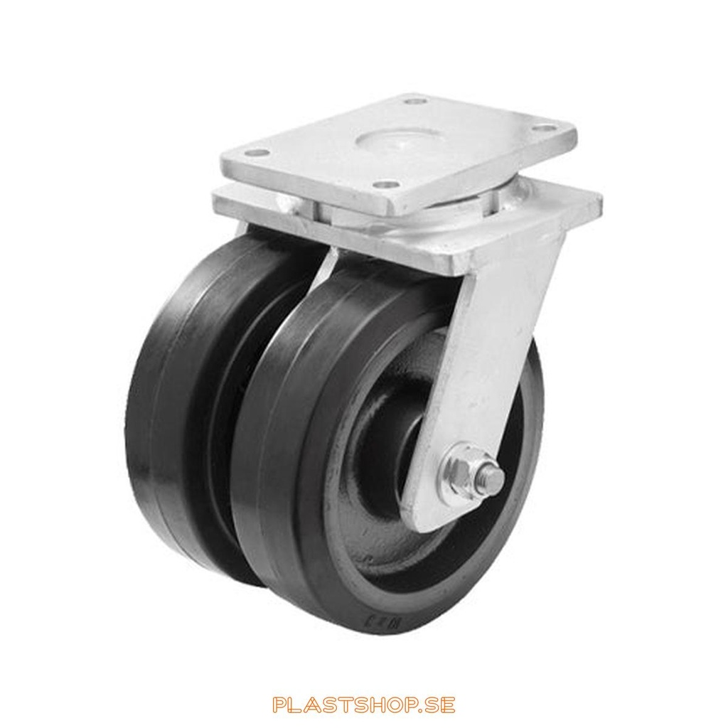 Link wheel, without brake, plate, wheel diameter 150 mm, building height 212 mm, hub in Gjutjärn with soft track in Elastiskt Gummi, svart. 750 kg load capacity, dubbla ball bearings