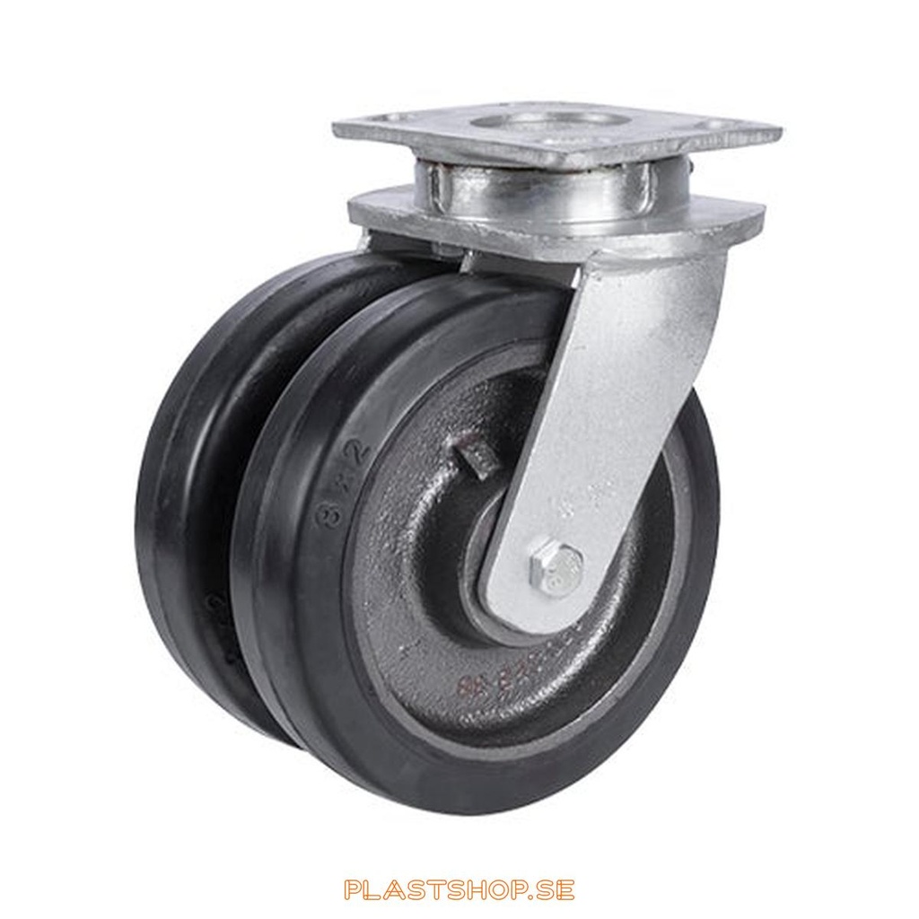 Link wheel, without brake, plate, wheel diameter 200 mm, building height 250 mm, hub in Gjutjärn with soft track in Elastiskt Gummi, svart. 900 kg load capacity, dubbla ball bearings