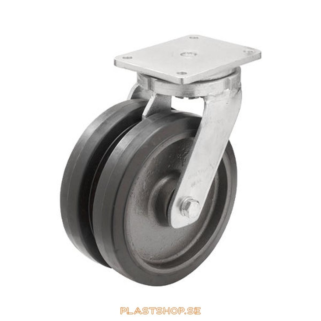 Link wheel, without brake, plate, wheel diameter 200 mm, building height 264 mm, hub in Gjutjärn with soft track in Elastiskt Gummi, svart. 800 kg load capacity, dubbla ball bearings