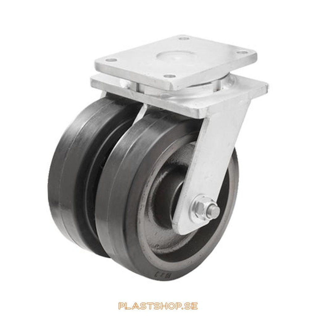 Link wheel, without brake, plate, wheel diameter 200 mm, building height 264 mm, hub in Gjutjärn with soft track in Elastiskt Gummi, svart. 1000 kg load capacity, dubbla ball bearings