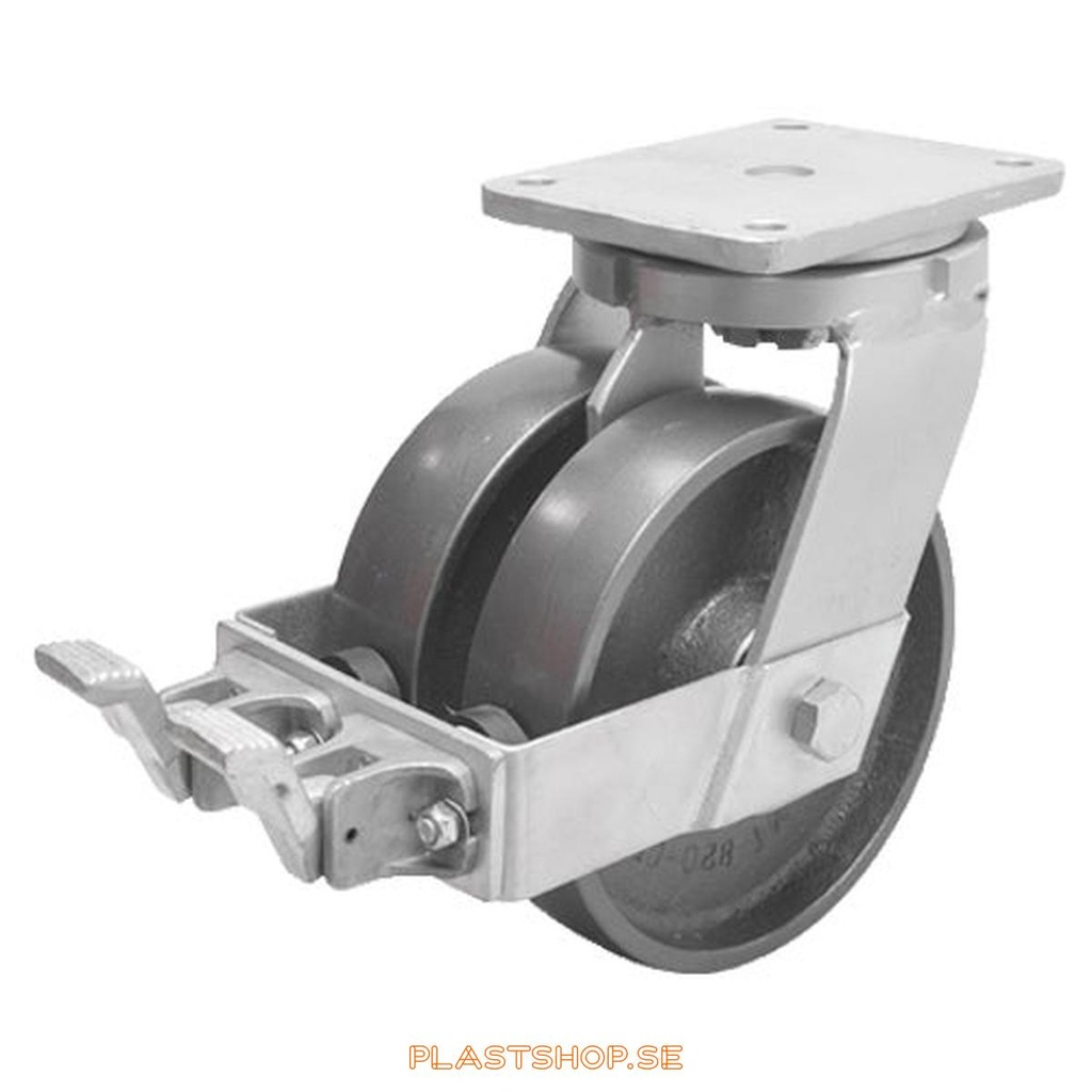 Link wheel, with wheel brake, plate, wheel diameter 200 mm, building height 264 mm, hard wheel in solid Gjutjärn. 1800 kg load capacity, dubbla ball bearings