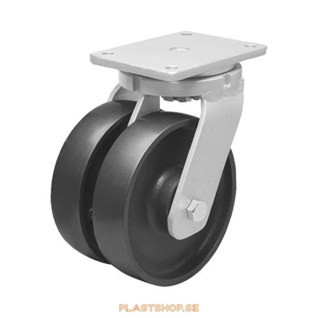 Link wheel, without brake, plate, wheel diameter 250 mm, building height 314 mm, hard wheel in solid Gjutjärn, grå. 2700 kg load capacity, dubbla ball bearings