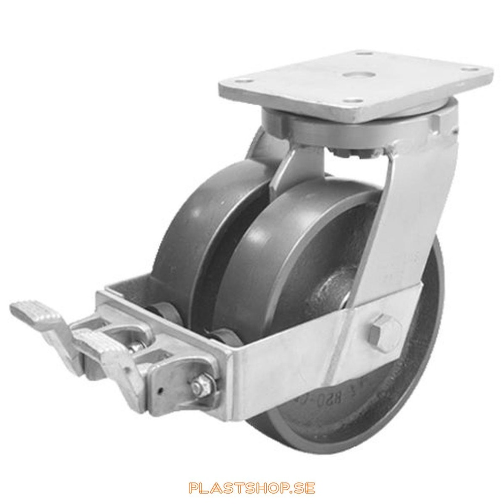 Link wheel, with wheel brake, plate, wheel diameter 250 mm, building height 314 mm, hard wheel in solid Gjutjärn. 2150 kg load capacity, dubbla ball bearings