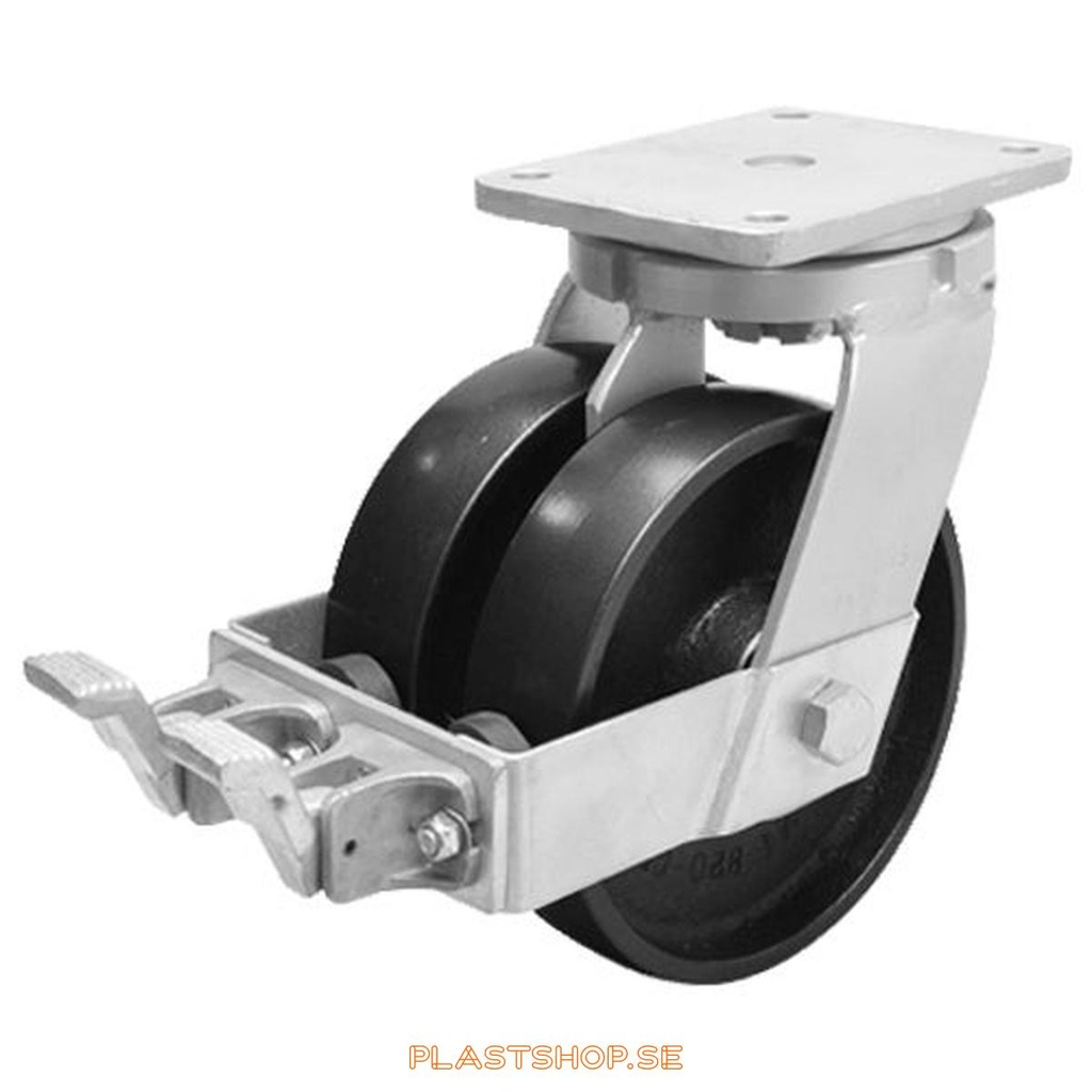 Link wheel, with wheel brake, plate, wheel diameter 250 mm, building height 314 mm, hard wheel in solid Gjutjärn, grå. 2700 kg load capacity, dubbla ball bearings