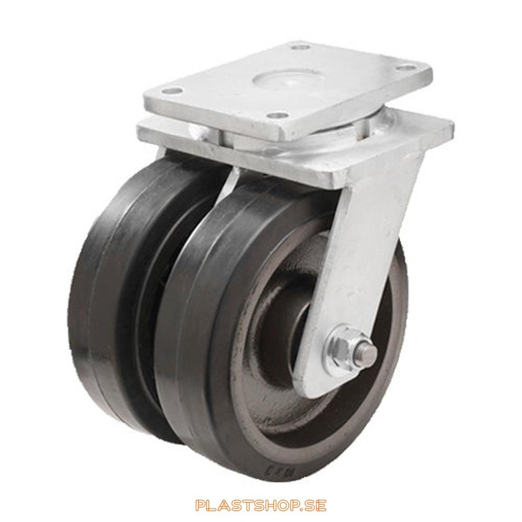 Link wheel, without brake, plate, wheel diameter 300 mm, building height 375 mm, hub in Gjutjärn with soft track in Elastiskt Gummi, svart. 1700 kg load capacity, dubbla ball bearings