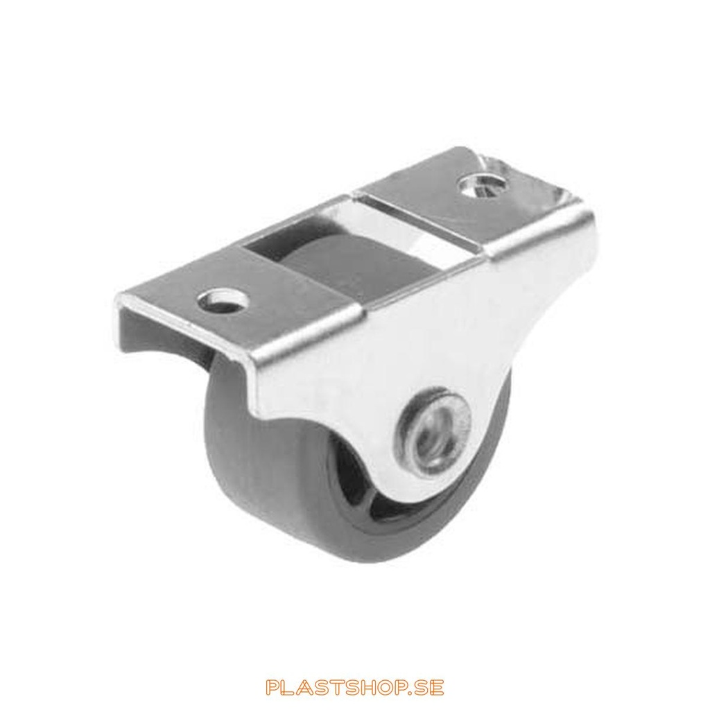 Hjul, platta, hjuldiameter 27 mm, bygghöjd 29 mm, nav i Nylon PA6 med mjuk bana i Polyuretan, grå färg. 25 kg bärighet, nitad axel