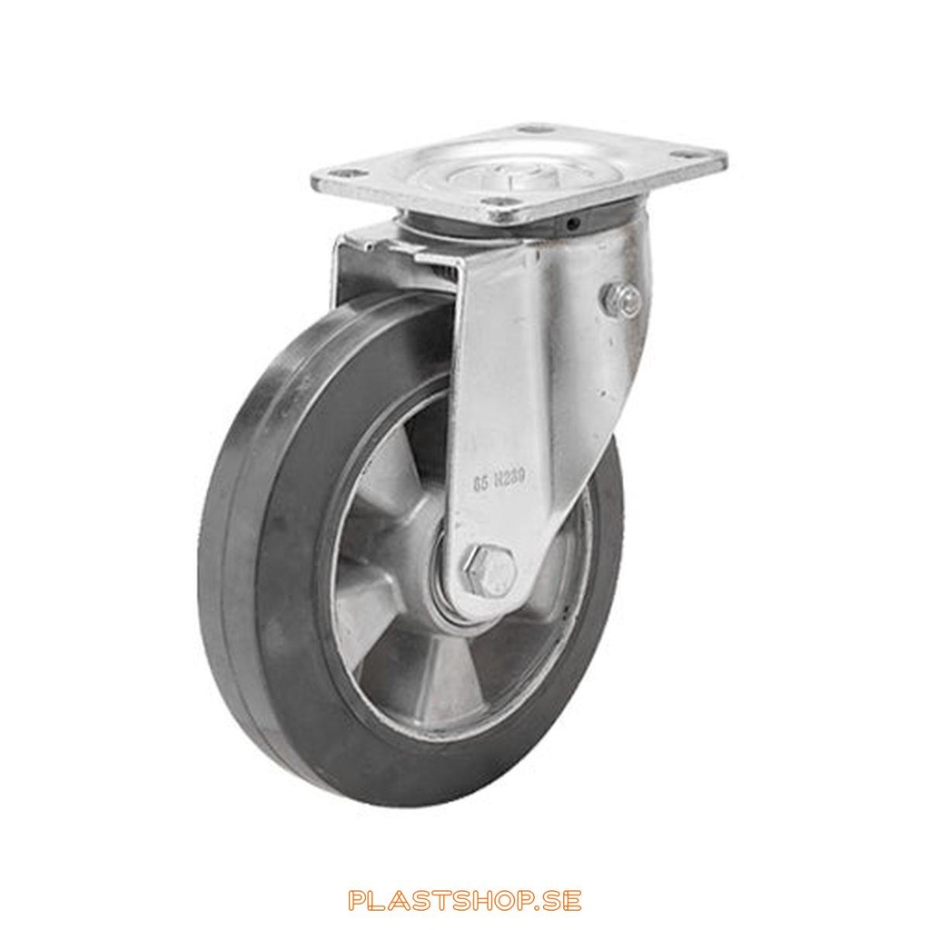 Link wheel, without brake, plate, wheel diameter 150 mm, building height 194 mm, hub in Aluminium with soft track in Elastiskt Gummi, svart. 300 kg load capacity, dubbla ball bearings