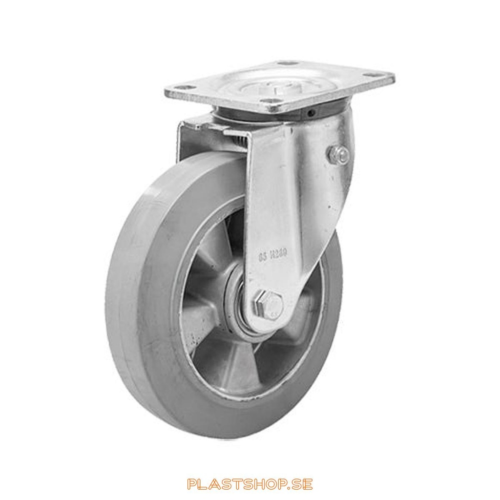 Länkhjul, utan broms, platta, hjuldiameter 160 mm, bygghöjd 199 mm, nav i Aluminium med mjuk bana i Elastiskt Gummi, grå färg. 350 kg bärighet, dubbla kullager