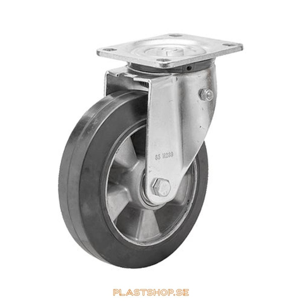Link wheel, without brake, plate, wheel diameter 200 mm, building height 239 mm, hub in Aluminium with soft track in Elastiskt Gummi, svart. 450 kg load capacity, dubbla ball bearings