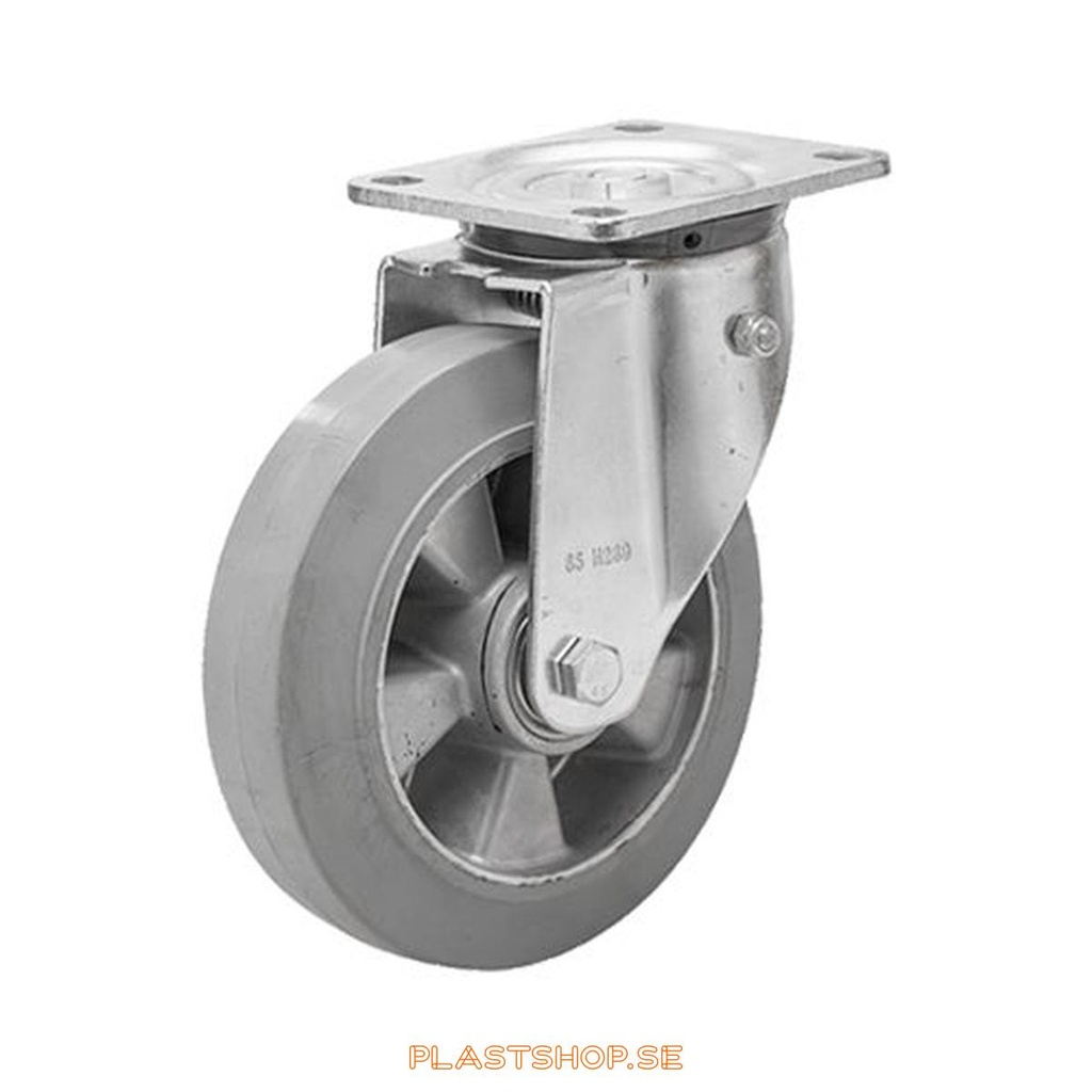 Link wheel, without brake, plate, wheel diameter 200 mm, building height 239 mm, hub in Aluminium with soft track in Elastiskt Gummi, grå. 450 kg load capacity, dubbla ball bearings
