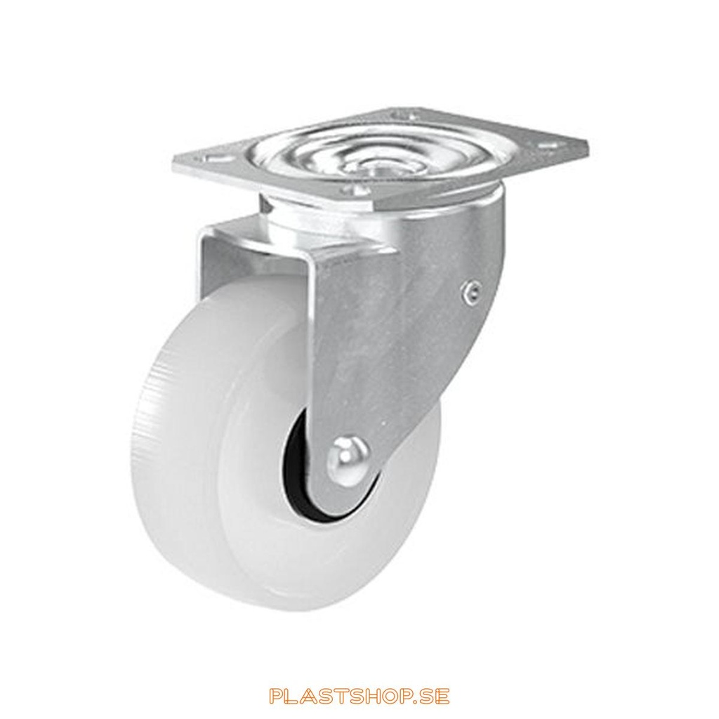 Link wheel, without brake, plate, wheel diameter 100 mm, building height 132 mm, hard wheel in solid Nylon PA6, natur. 200 kg load capacity, ball bearings