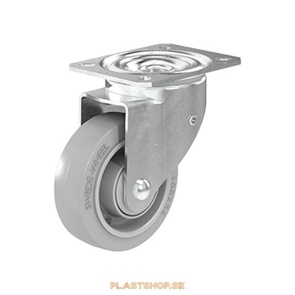 Link wheel, without brake, plate, wheel diameter 100 mm, building height 132 mm, hub in Nylon PA6 with soft track in Elastiskt Gummi, grå. 225 kg load capacity, ball bearings