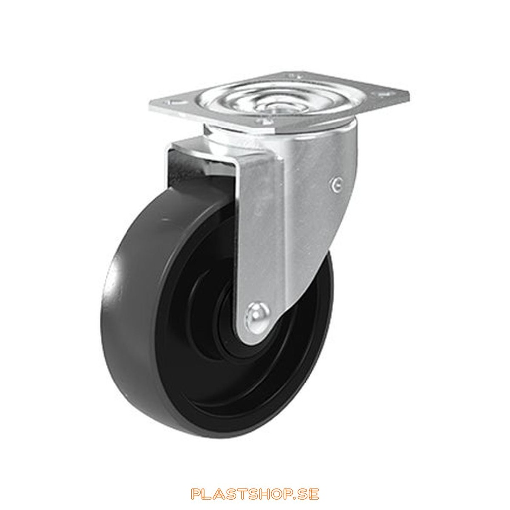 Link wheel, without brake, plate, wheel diameter 125 mm, building height 157 mm, hub in Nylon PA6 with soft track in Polyuretan, grå. 225 kg load capacity, ball bearings