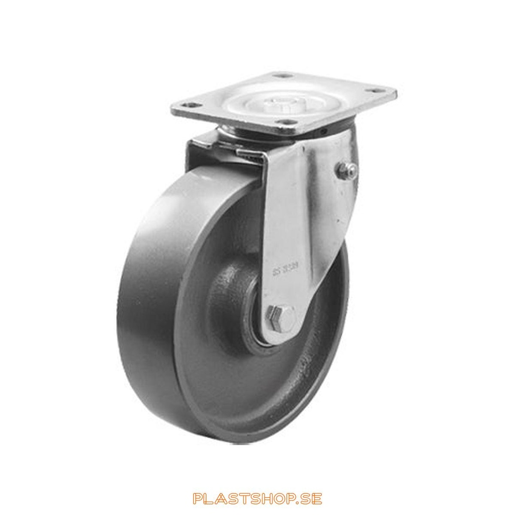 Link wheel, without brake, plate, wheel diameter 125 mm, building height 164 mm, hard wheel in solid Gjutjärn. 600 kg load capacity, dubbla ball bearings