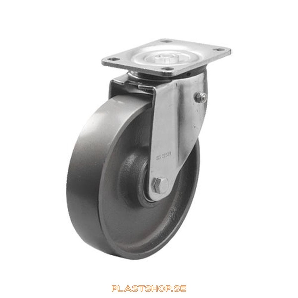 Link wheel, without brake, plate, wheel diameter 150 mm, building height 194 mm, hard wheel in solid Gjutjärn. 700 kg load capacity, dubbla ball bearings