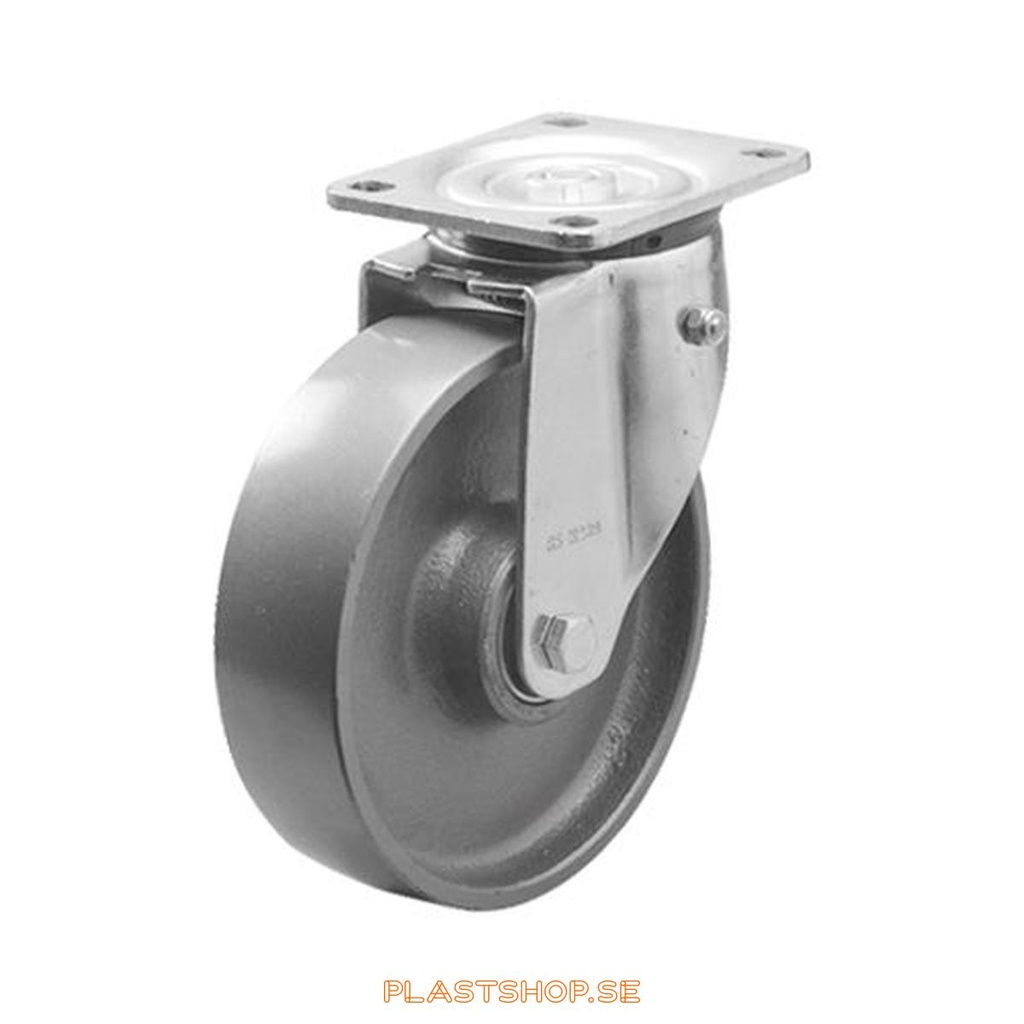 Link wheel, without brake, plate, wheel diameter 200 mm, building height 239 mm, hard wheel in solid Gjutjärn. 800 kg load capacity, dubbla ball bearings