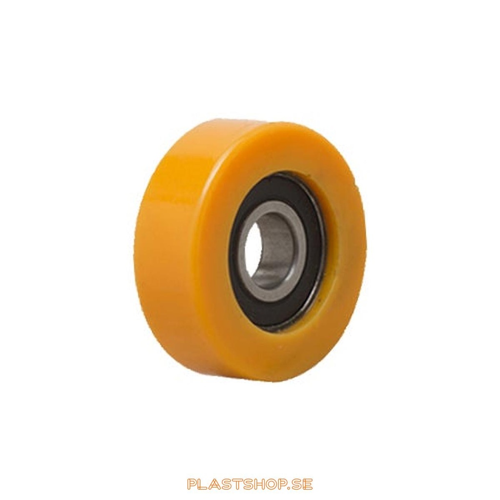 Wheel, wheel diameter 50 mm, hub in Kullager with soft track in Polyuretan, orange färg. 45 kg load capacity, ball bearings
