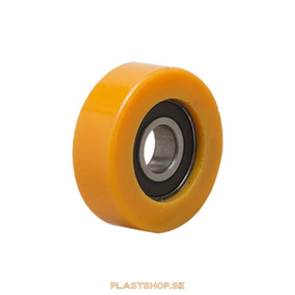 Wheel, wheel diameter 70 mm, hub in Kullager with soft track in Polyuretan, orange färg. 95 kg load capacity, ball bearings