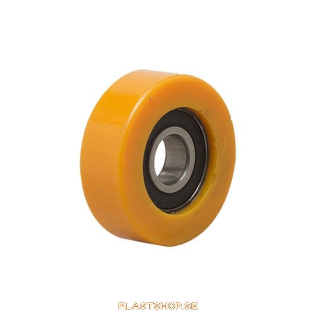 Hjul, hjuldiameter 85 mm, nav i Kullager med mjuk bana i Polyuretan, orange färg. 120 kg bärighet, kullager