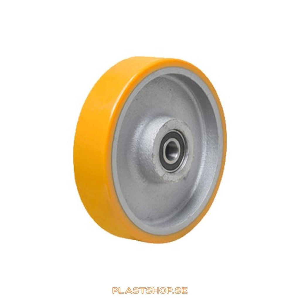 Hjul, hjuldiameter 125 mm, nav i Gjutjärn med mjuk bana i Polyuretan, orange färg. 500 kg bärighet, dubbla kullager