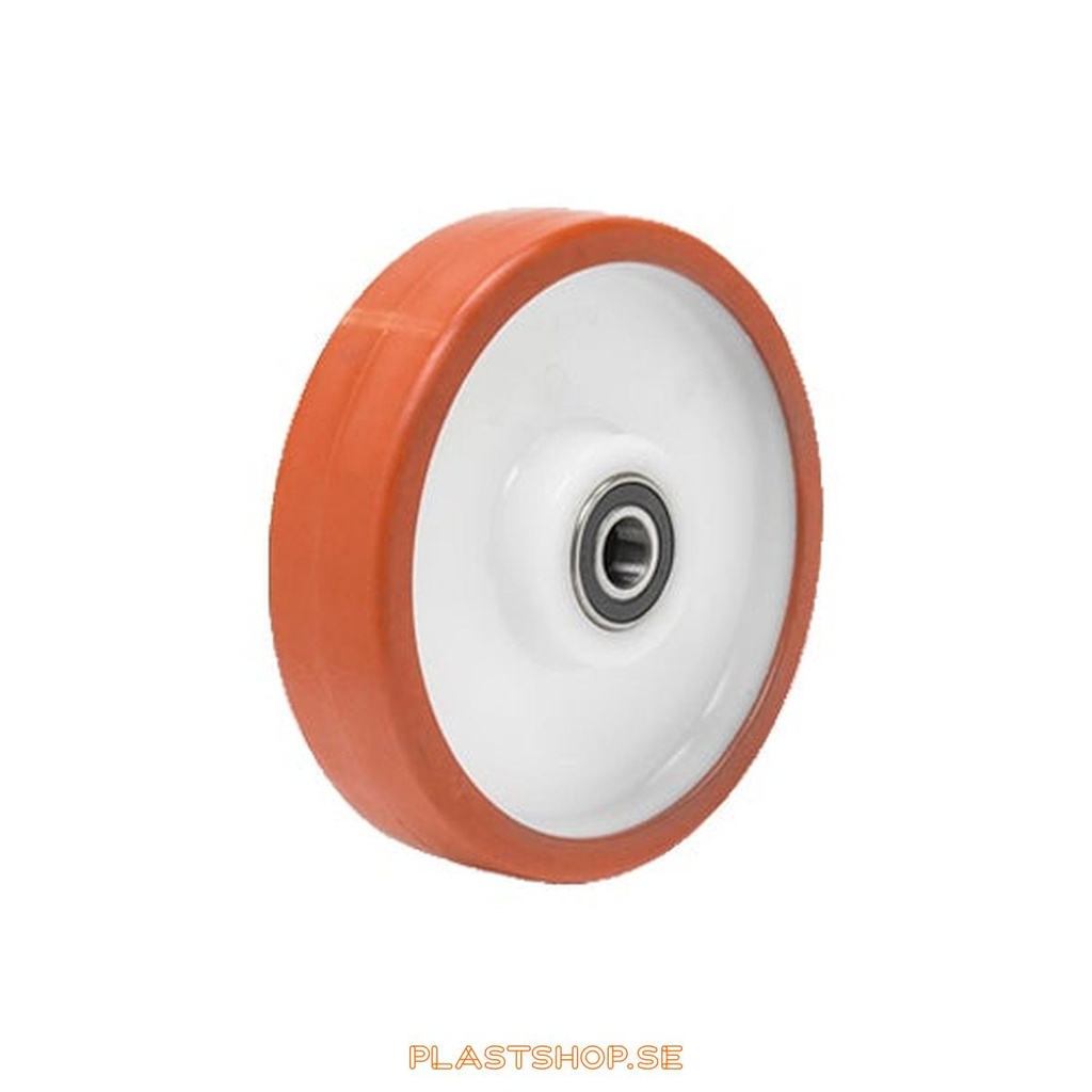 Wheel, wheel diameter 125 mm, hub in Nylon PA6 with soft track in Polyuretan, röd. 500 kg load capacity, dubbla ball bearings