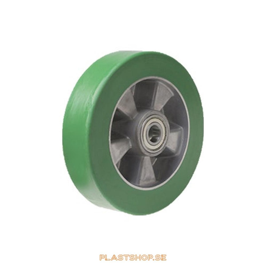 Wheel, wheel diameter 125 mm, hub in Aluminium with soft track in Elastiskt Polyuretan, grön färg. 400 kg load capacity, dubbla ball bearings