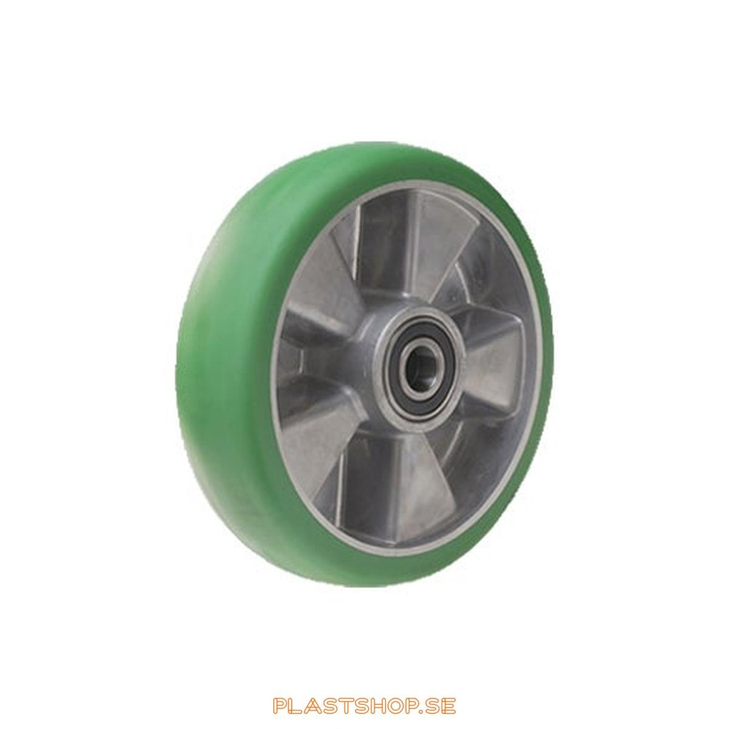 Hjul, hjuldiameter 125 mm, nav i Aluminium med mjuk bana i Elastiskt Polyuretan, grön färg. 400 kg bärighet, dubbla kullager