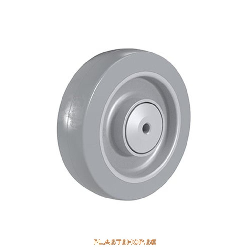 Hjul, hjuldiameter 125 mm, nav i Nylon PA6 med mjuk bana i Elastiskt Gummi, grå färg. 200 kg bärighet, kullager