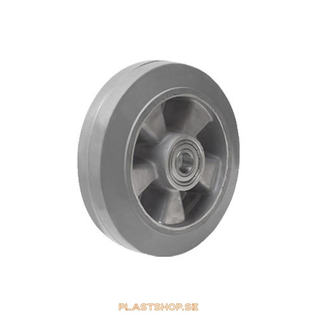 Hjul, hjuldiameter 125 mm, nav i Aluminium med mjuk bana i Elastiskt Gummi, grå färg. 225 kg bärighet, dubbla kullager