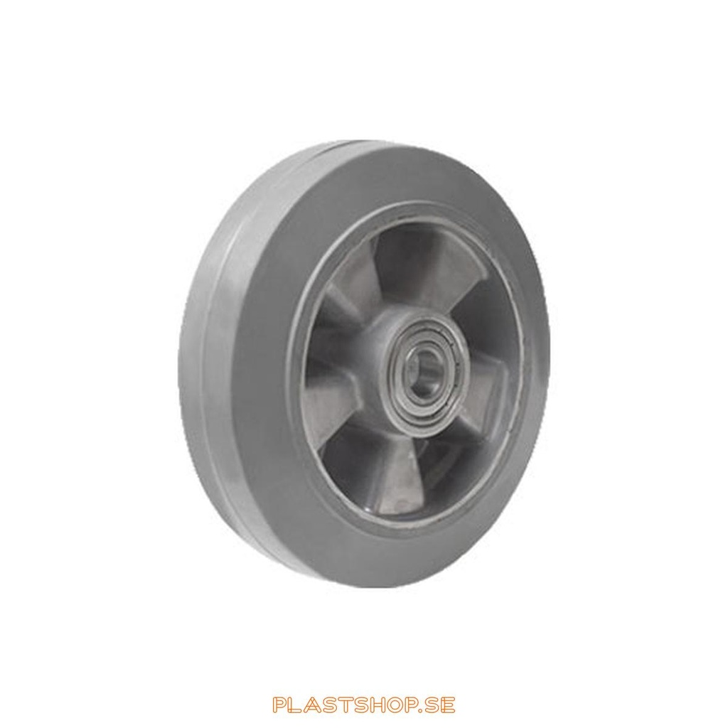 Hjul, hjuldiameter 125 mm, nav i Aluminium med mjuk bana i Elastiskt Gummi, grå färg. 270 kg bärighet, dubbla kullager