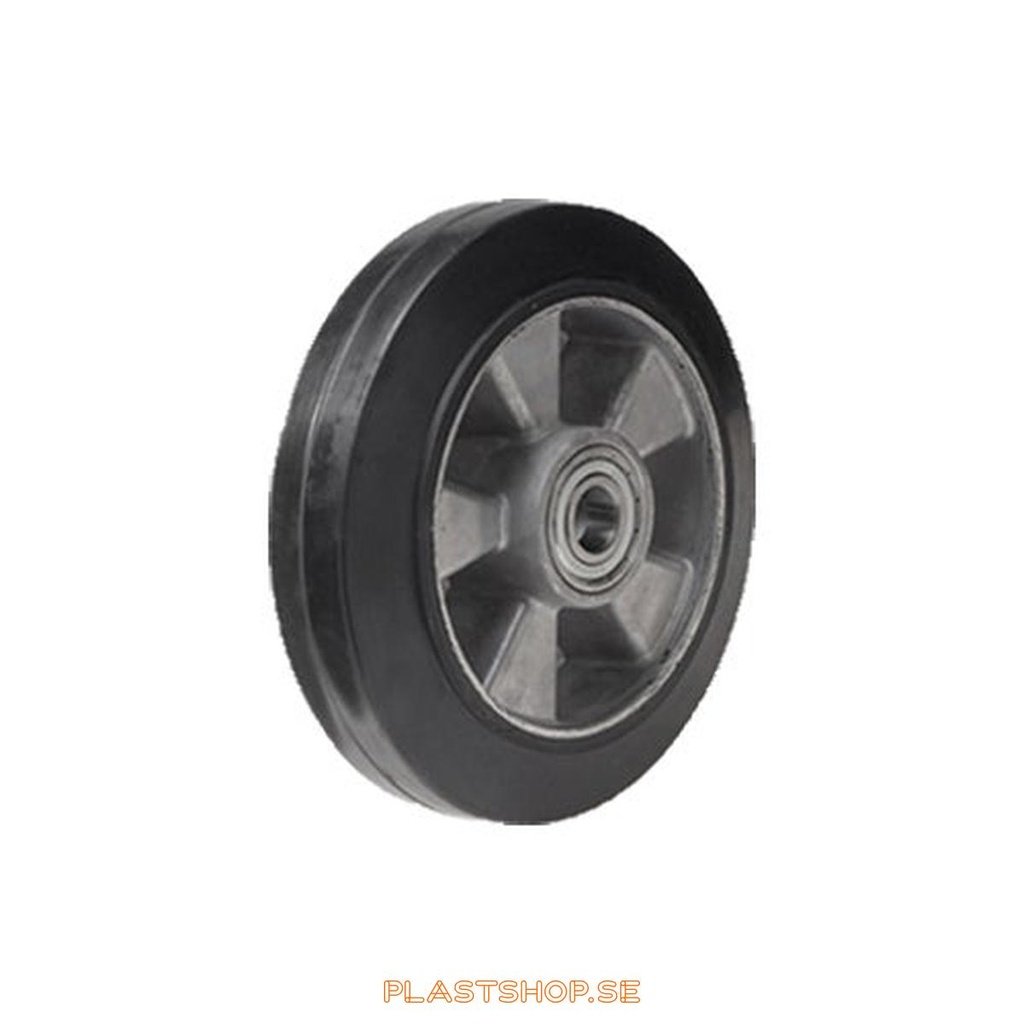 Hjul, hjuldiameter 125 mm, nav i Aluminium med mjuk bana i Elastiskt Gummi, svart färg. 270 kg bärighet, dubbla kullager