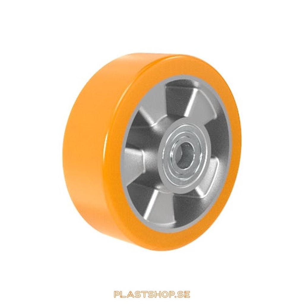Hjul, hjuldiameter 150 mm, nav i Aluminium med mjuk bana i Polyuretan, orange färg. 550 kg bärighet, dubbla kullager