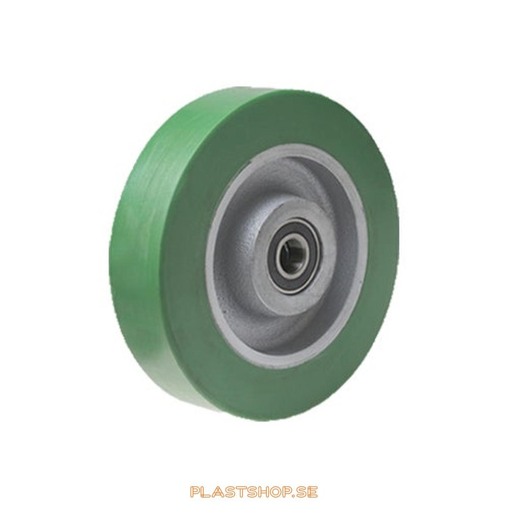 Wheel, wheel diameter 150 mm, hub in Gjutjärn with soft track in Elastiskt Polyuretan, grön färg. 450 kg load capacity, dubbla ball bearings