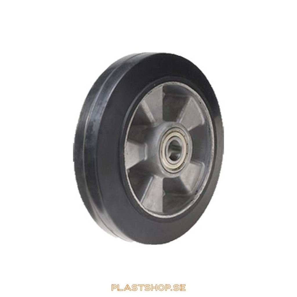 Wheel, wheel diameter 150 mm, hub in Aluminium with soft track in Elastiskt Gummi, svart. 300 kg load capacity, dubbla ball bearings