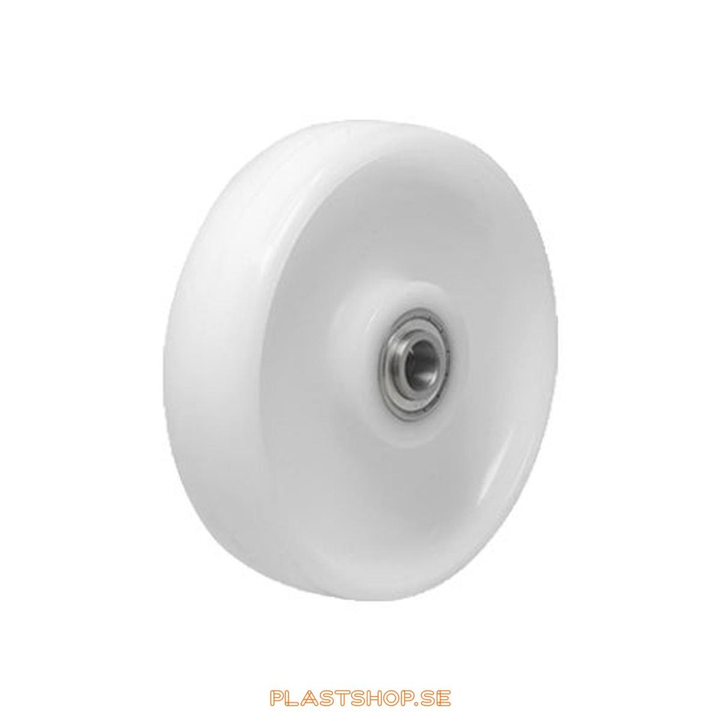 Hjul, hjuldiameter 160 mm, hårt hjul i massiv Nylon PA6, vit färg. 300 kg bärighet, dubbla kullager