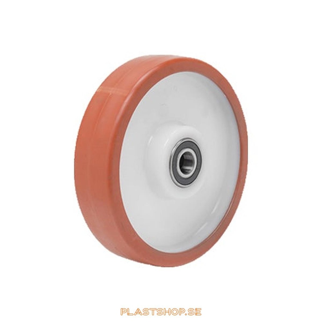 Wheel, wheel diameter 160 mm, hub in Nylon PA6 with soft track in Polyuretan, röd. 400 kg load capacity, dubbla ball bearings