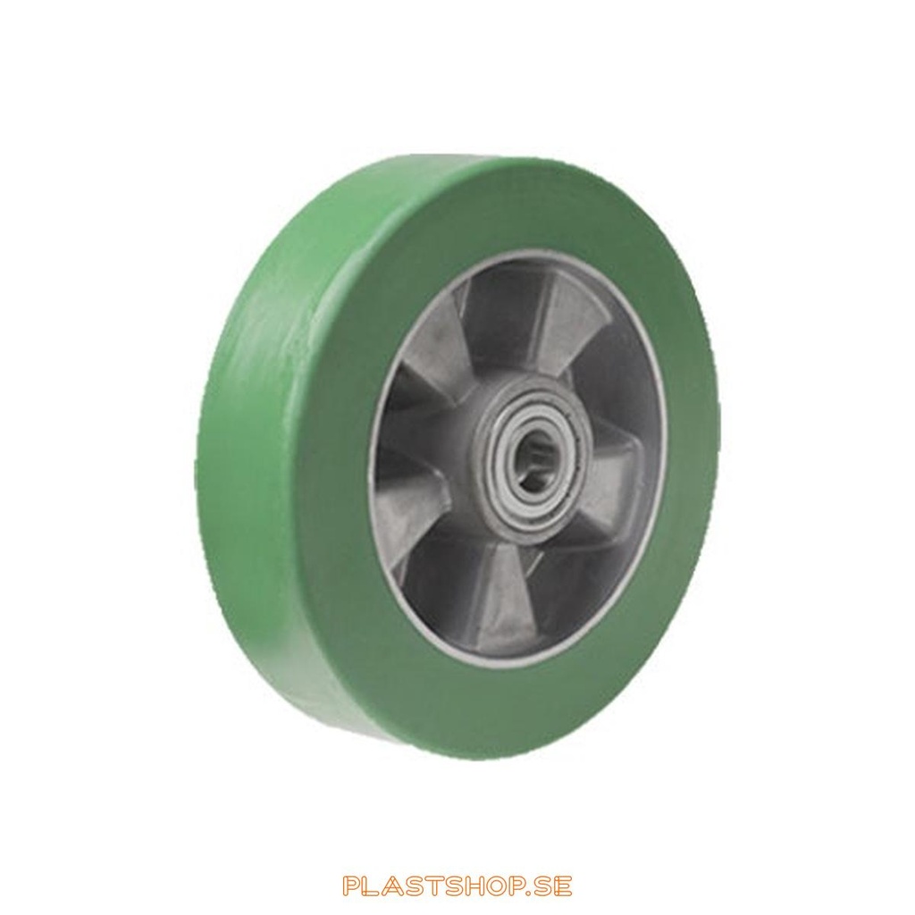 Wheel, wheel diameter 160 mm, hub in Aluminium with soft track in Elastiskt Polyuretan, grön färg. 550 kg load capacity, dubbla ball bearings