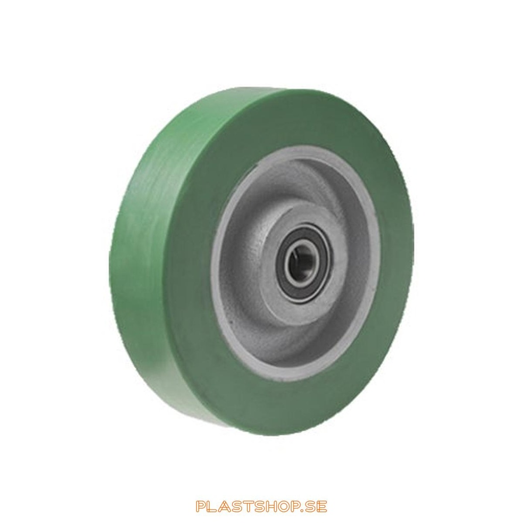 Hjul, hjuldiameter 160 mm, nav i Gjutjärn med mjuk bana i Elastiskt Polyuretan, grön färg. 550 kg bärighet, dubbla kullager