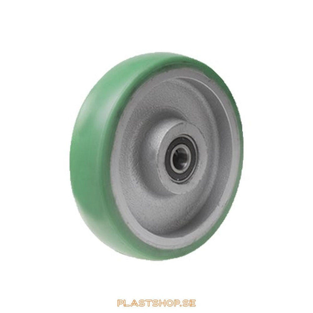 Wheel, wheel diameter 160 mm, hub in Gjutjärn with soft track in Elastiskt Polyuretan, grön färg. 550 kg load capacity, dubbla ball bearings