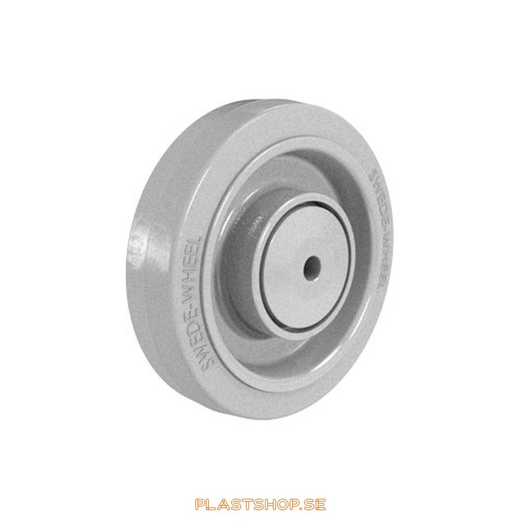 Hjul, hjuldiameter 160 mm, nav i Nylon PA6 med mjuk bana i Elastiskt Gummi, grå färg. 350 kg bärighet, dubbla kullager