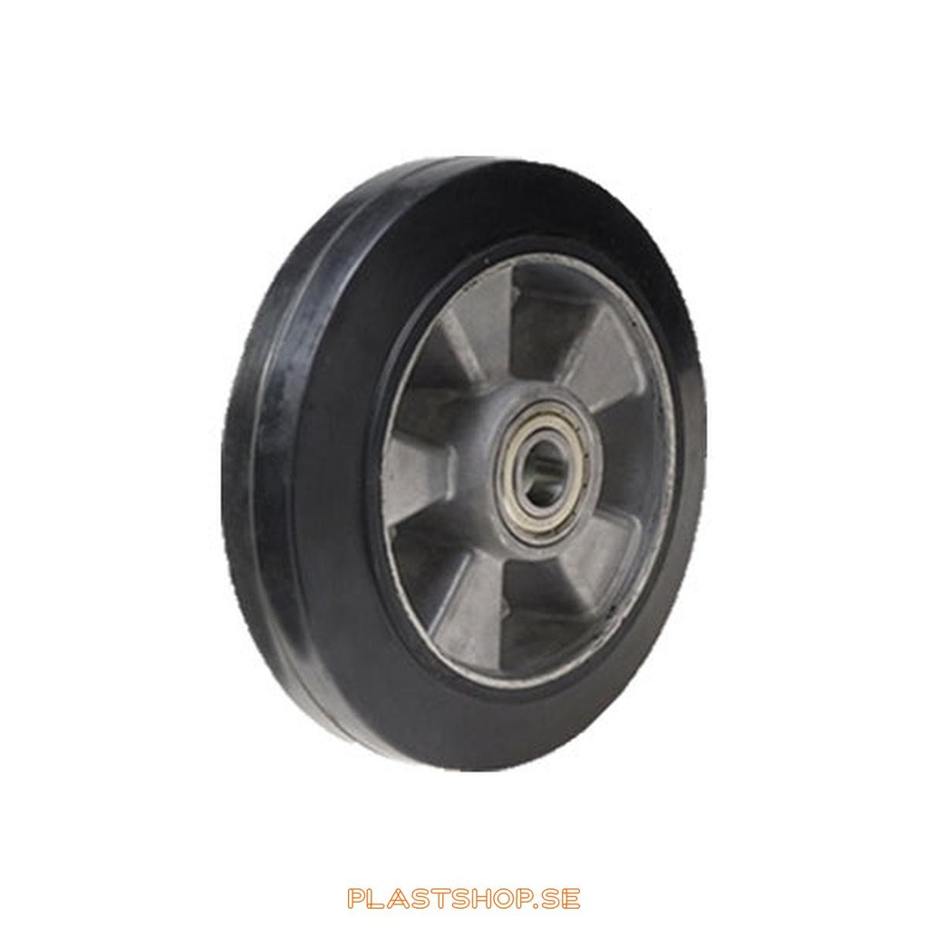 Hjul, hjuldiameter 160 mm, nav i Aluminium med mjuk bana i Elastiskt Gummi, svart färg. 350 kg bärighet, dubbla kullager