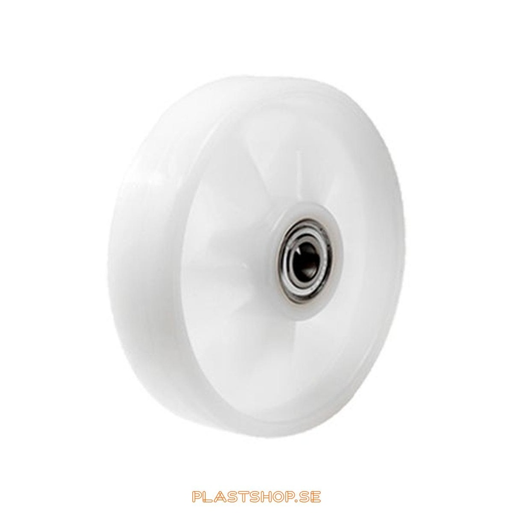 Wheel, wheel diameter 200 mm, hard wheel in solid Nylon PA6, natur. 600 kg load capacity, dubbla ball bearings