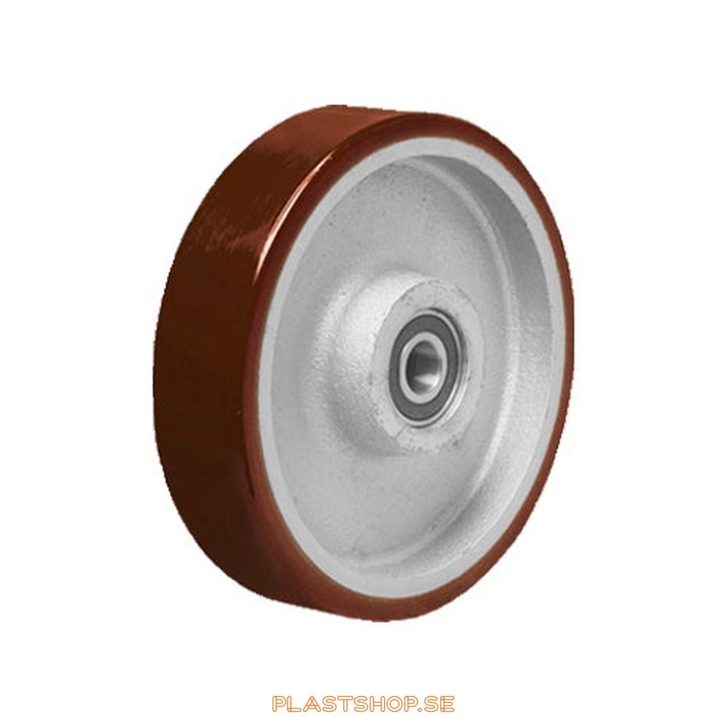 Wheel, wheel diameter 200 mm, hub in Gjutjärn with soft track in Polyuretan, röd. 1800 kg load capacity, dubbla ball bearings