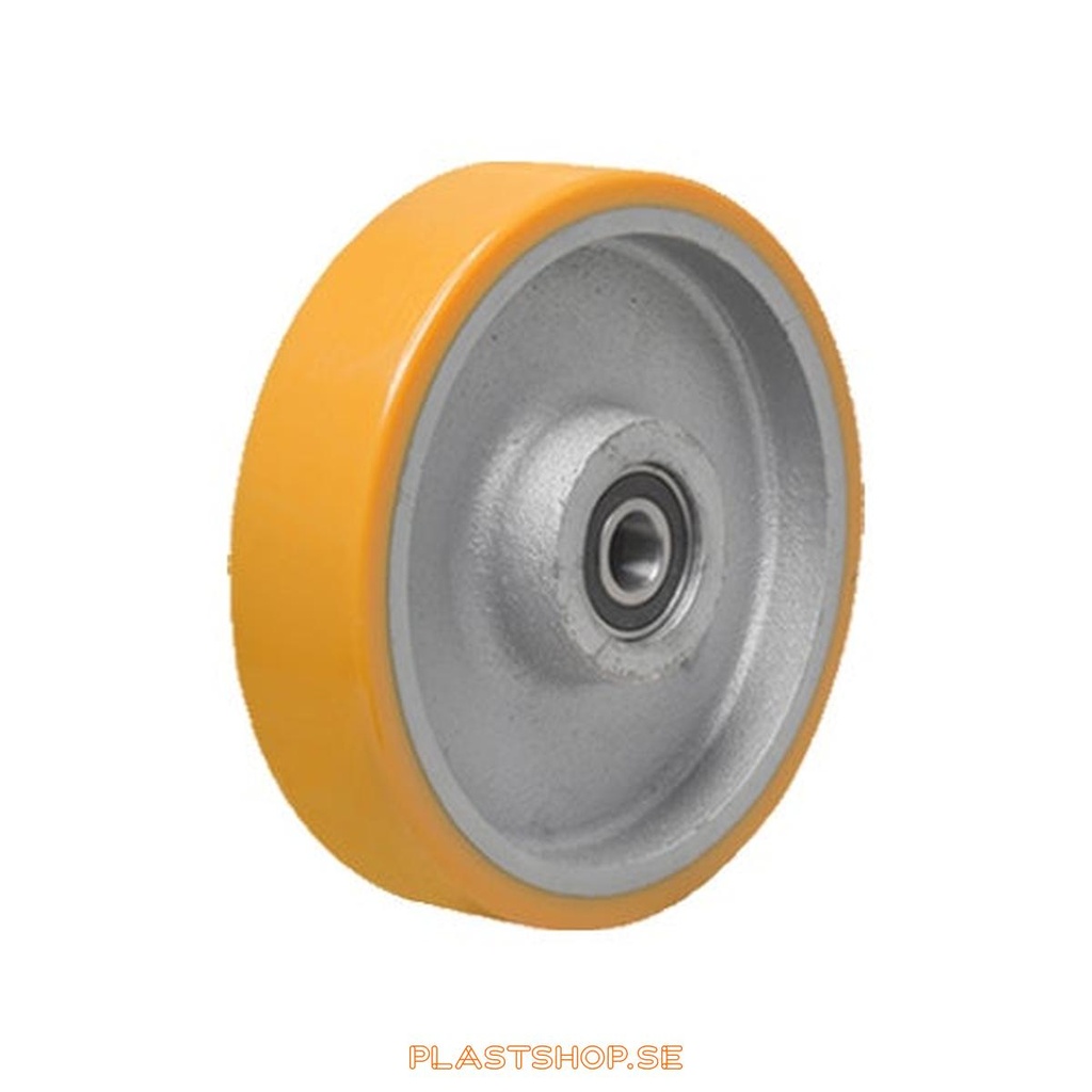 Wheel, wheel diameter 200 mm, hub in Gjutjärn with soft track in Polyuretan, orange färg. 1000 kg load capacity, dubbla ball bearings
