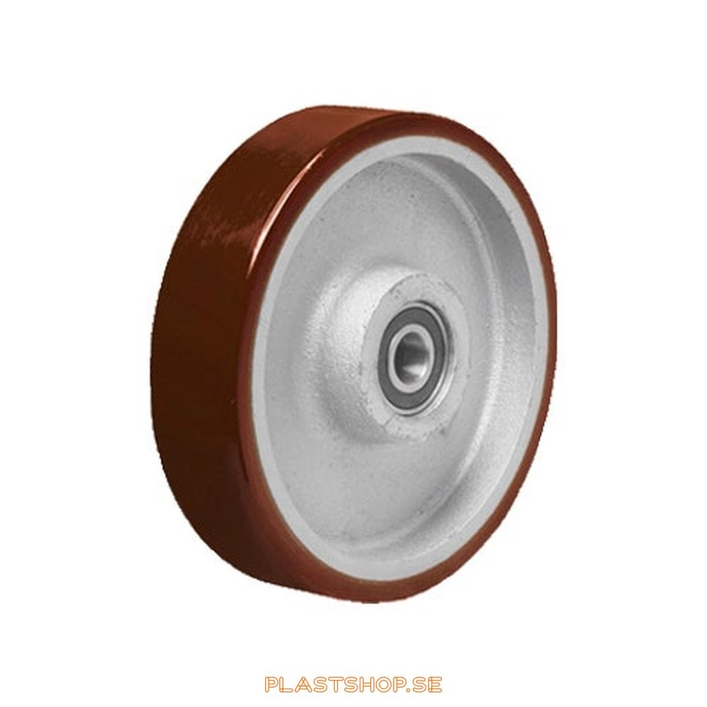 Wheel, wheel diameter 200 mm, hub in Gjutjärn with soft track in Polyuretan, röd. 1000 kg load capacity, dubbla ball bearings