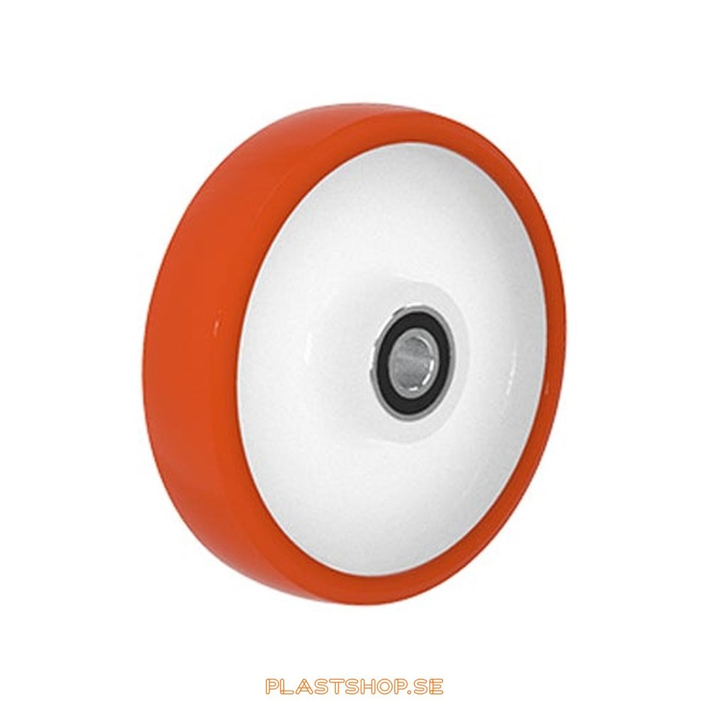 Wheel, wheel diameter 200 mm, hub in Nylon PA6 with soft track in Polyuretan, röd. 500 kg load capacity, dubbla ball bearings