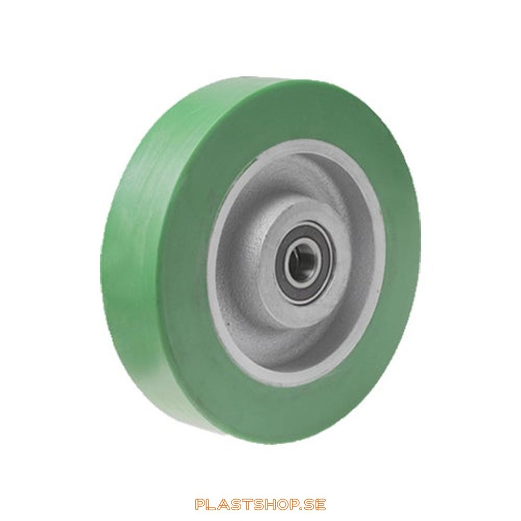 Wheel, wheel diameter 200 mm, hub in Gjutjärn with soft track in Elastiskt Polyuretan, grön färg. 700 kg load capacity, dubbla ball bearings