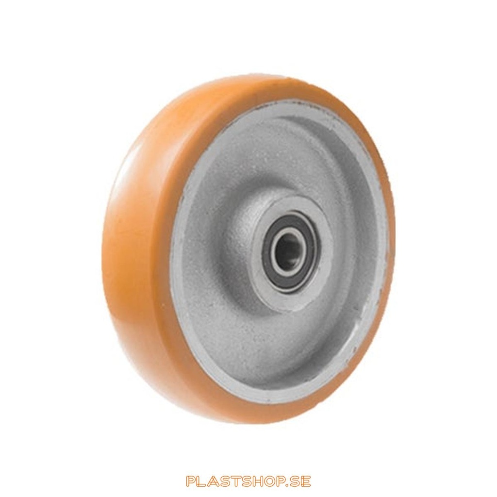 Wheel, wheel diameter 200 mm, hub in Gjutjärn with soft track in Elastiskt Polyuretan, brun färg. 800 kg load capacity, dubbla ball bearings